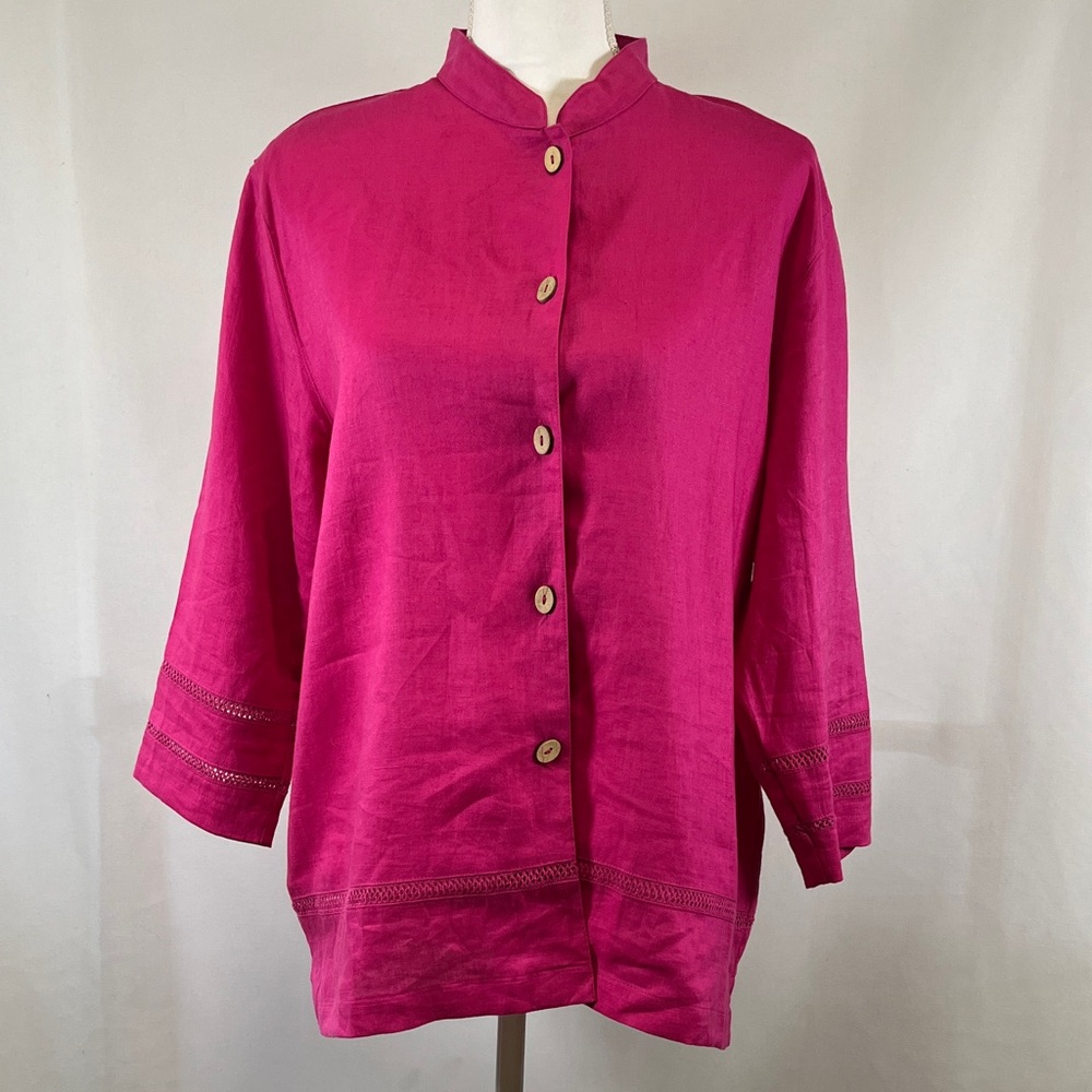Passports 100% Linen Button Up Top Magenta Pink Mandarin Collar Tunic Blouse